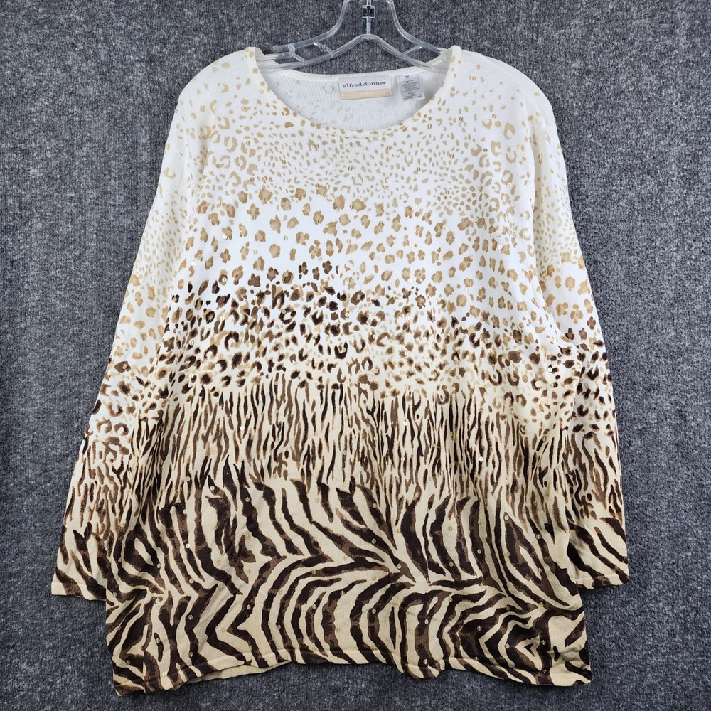 Alfred Dunner Animal Print‎ Sequin Sweater Women 2X White Tan Mixed Knit